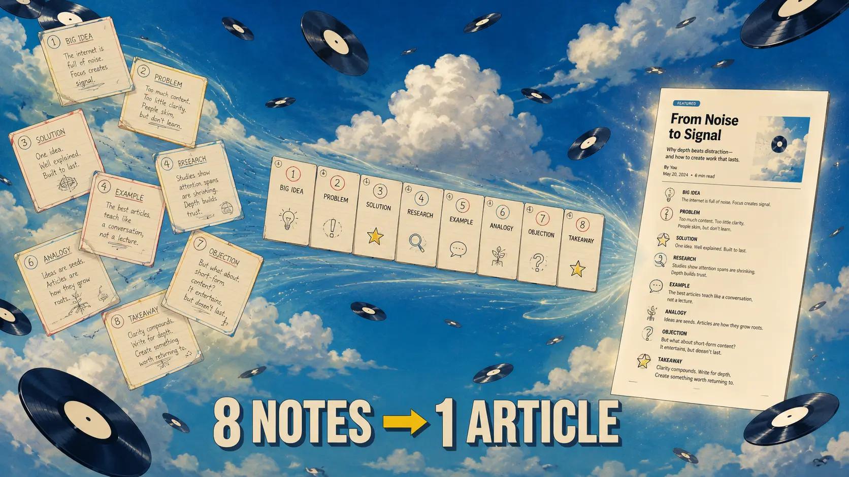 Eight note cards arranged into a 1,000-word article outline