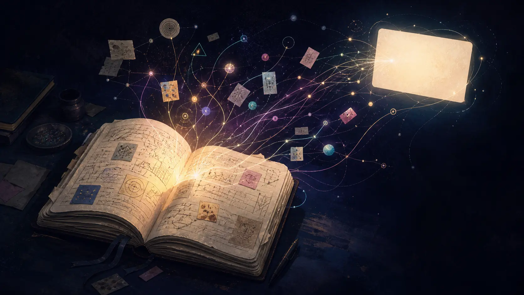 An open notebook sends glowing connected threads and idea fragments toward a blank creative page against a dark night-sky background.