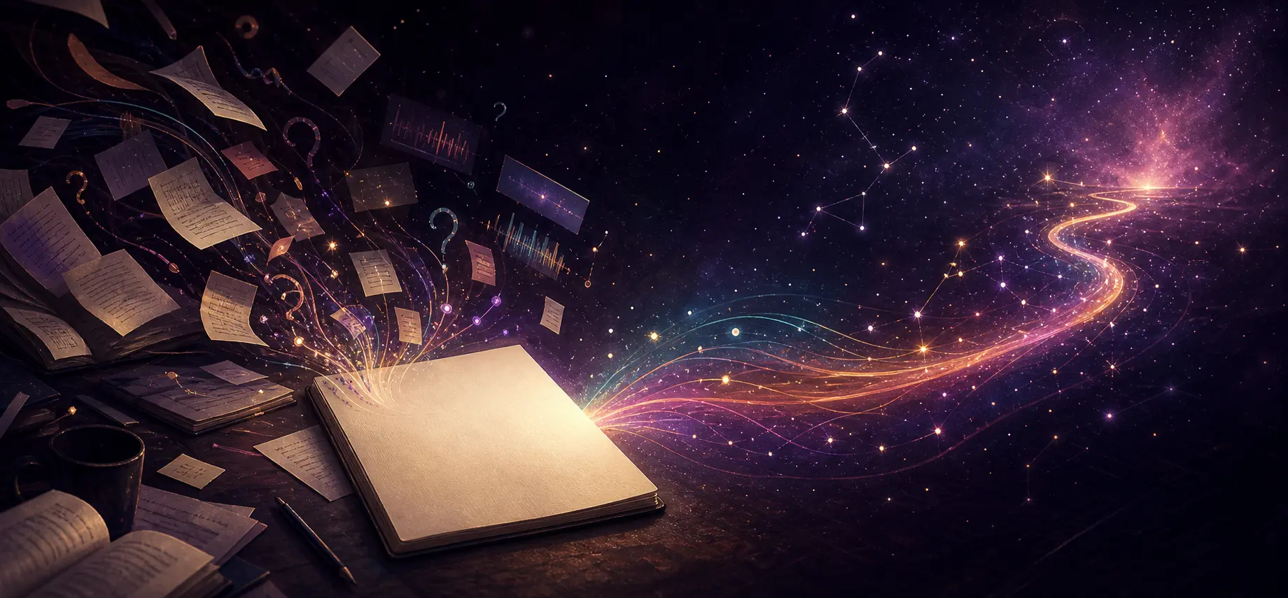 A blank page glows as scattered books, notes, tabs and questions stream into it, then emerge as a luminous path through a cosmic night.